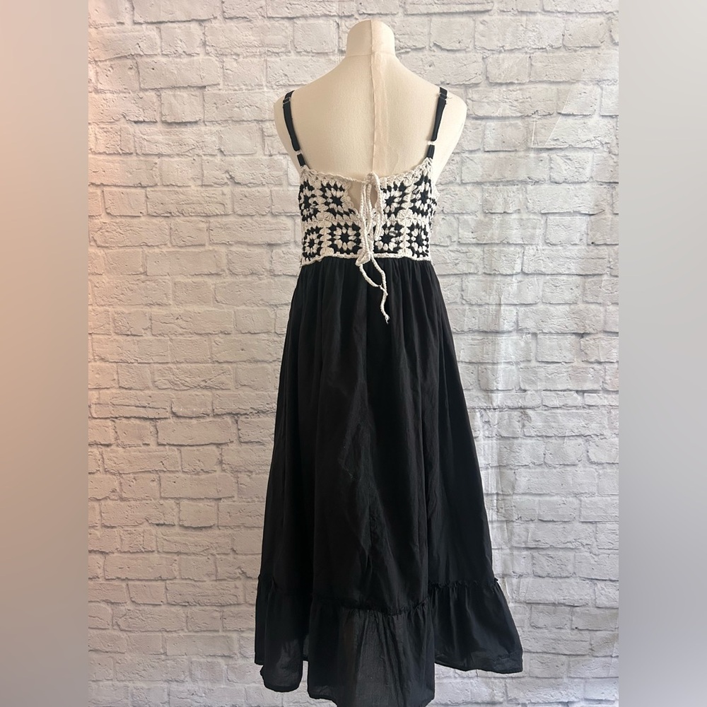 Crochet Maxi Dress Bohemian Boho Black Euro Fall Granny Squares 100% Cotton - Picture 9 of 10